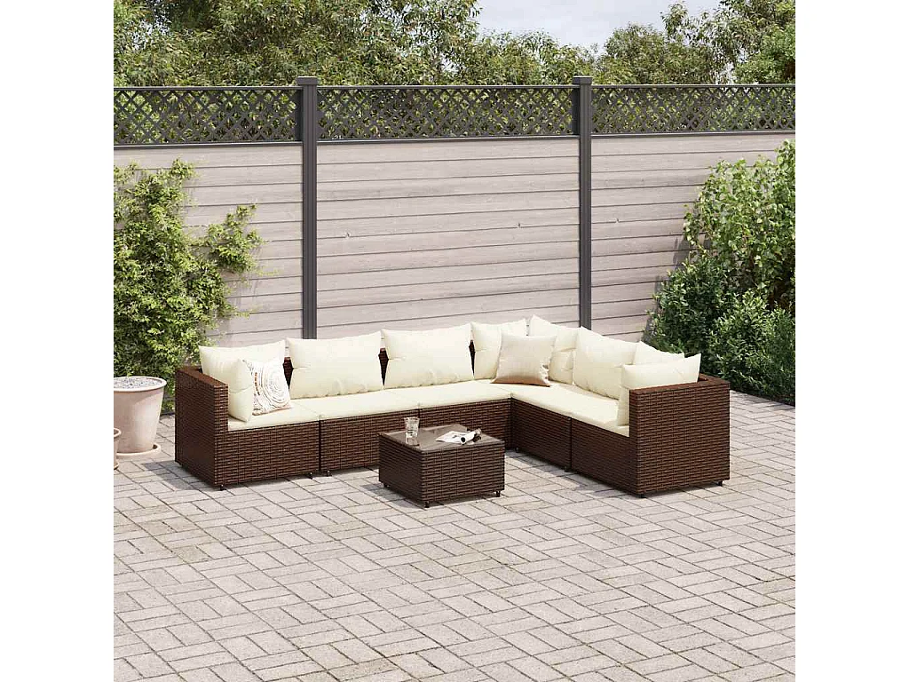Set Divani da Giardino 7 pz con Cuscini in Polyrattan Marrone