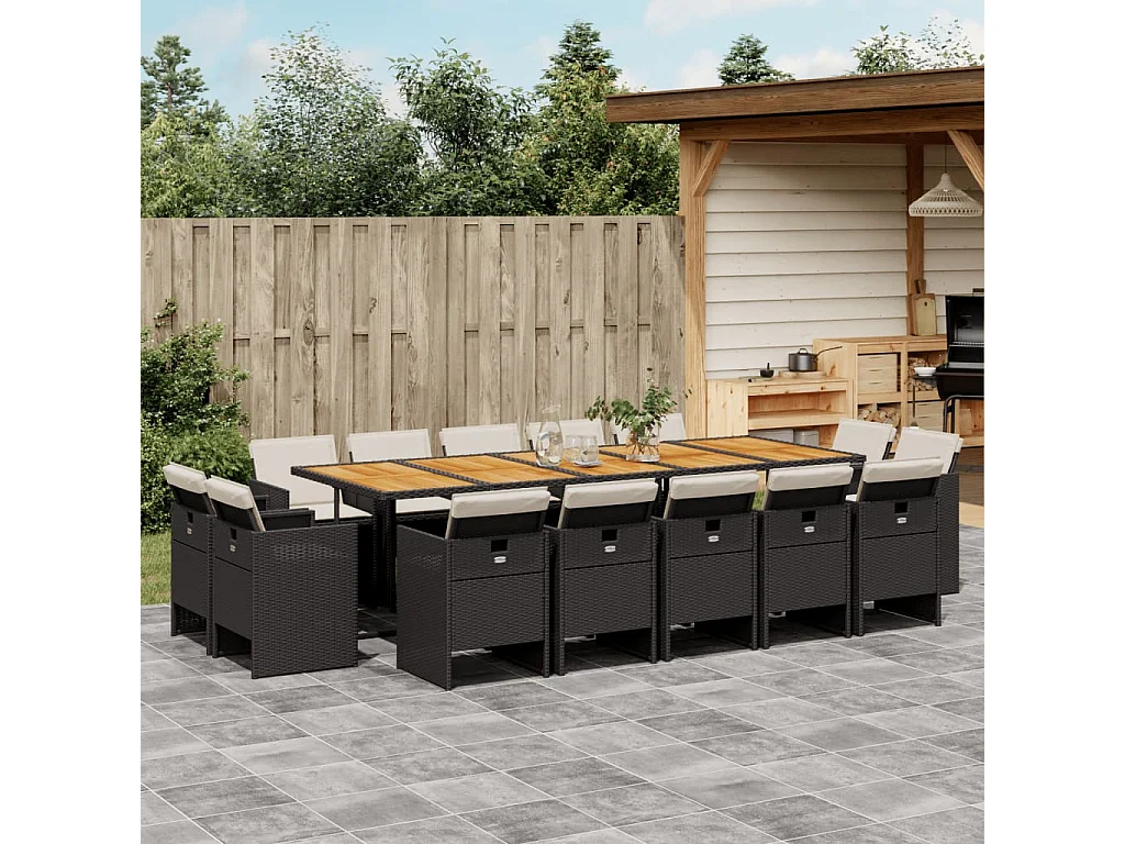 Set comedor de jardín con cojines 15 pzas ratán sintético negro