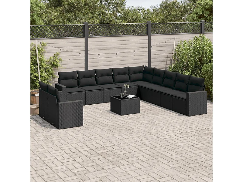 Salon de jardin 12 pcs avec coussins noir résine tressée
