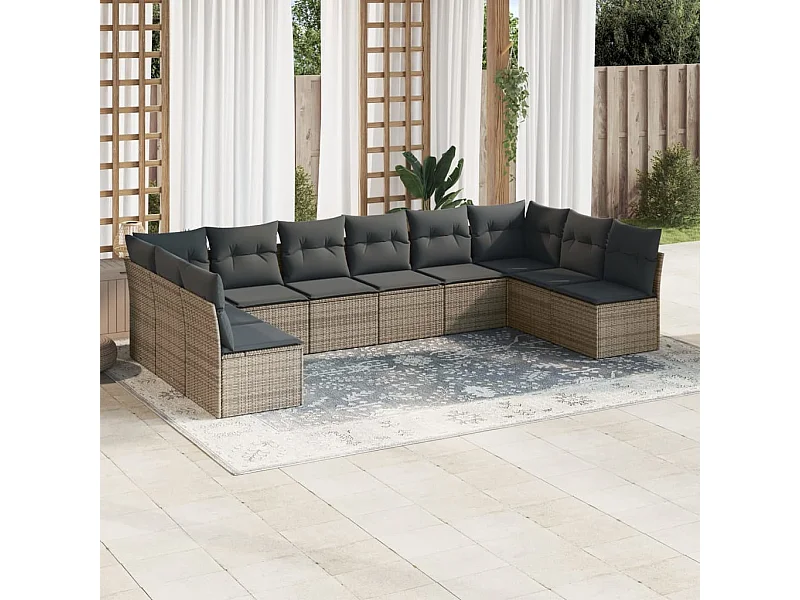 Salon de jardin avec coussins 10 pcs gris résine tressée
