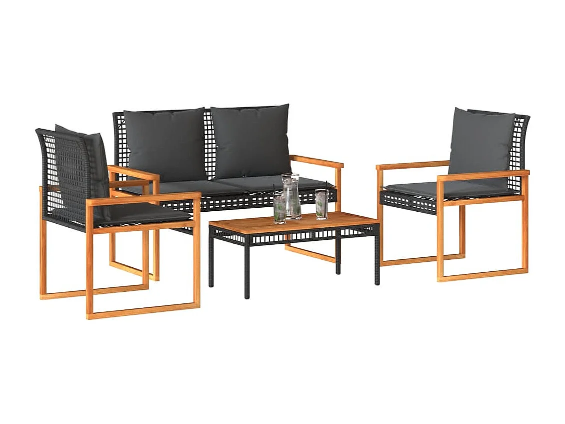 Salon de jardin 4 pcs avec coussins Noir Résine tressée