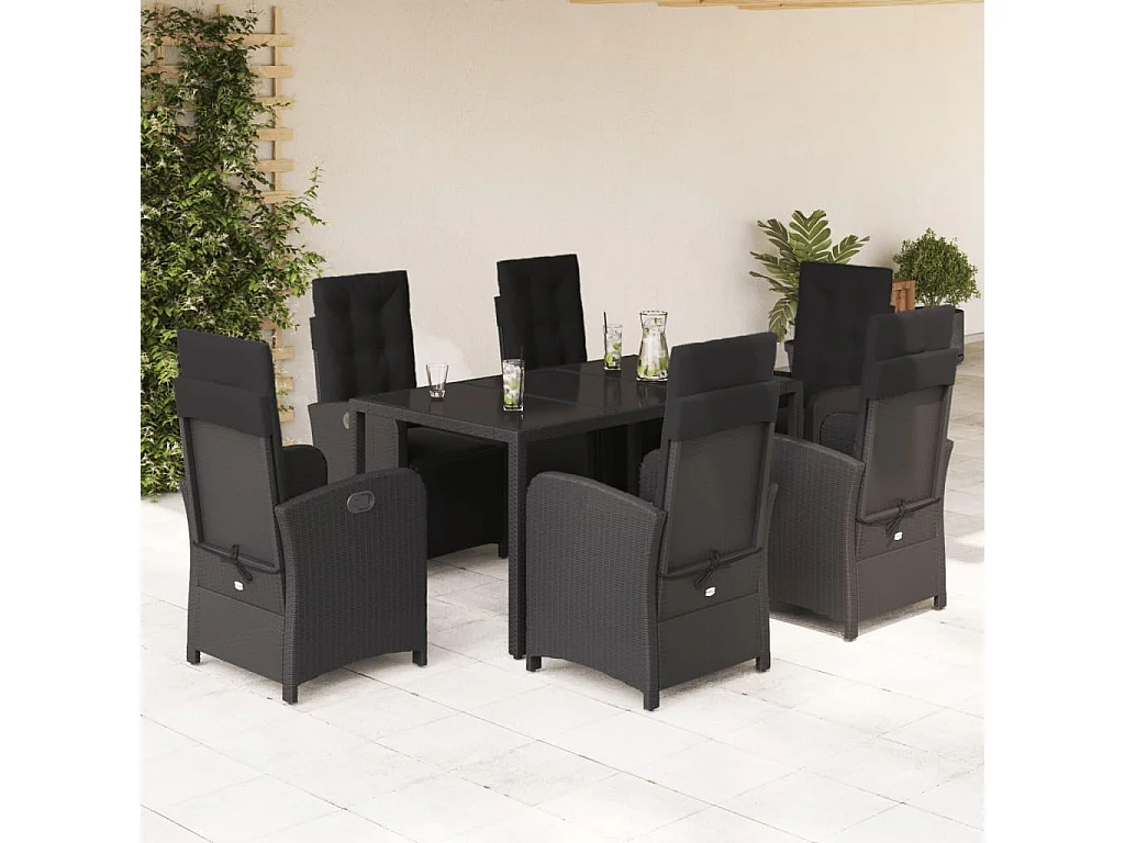 7-tlg. Garten-Essgruppe mit Kissen Schwarz Poly Rattan