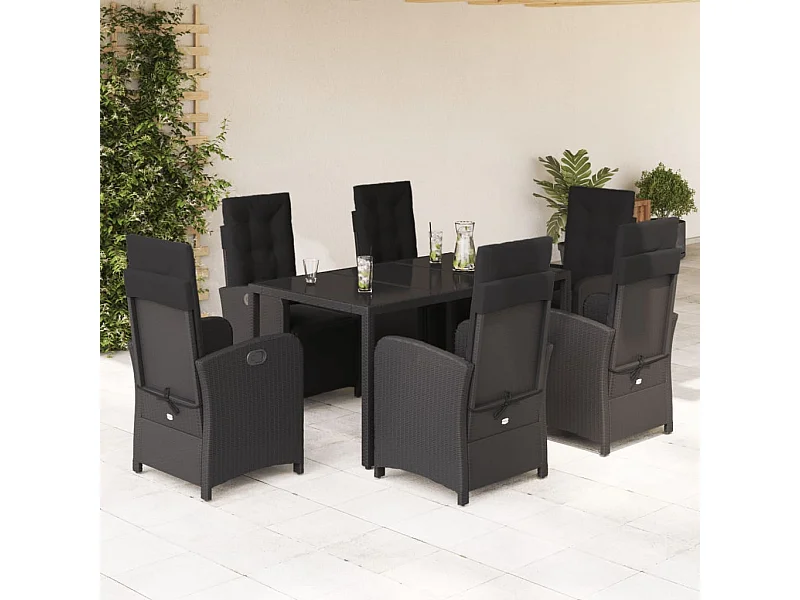 Set da Pranzo da Giardino 7 pz Nero con Cuscini in Polyrattan