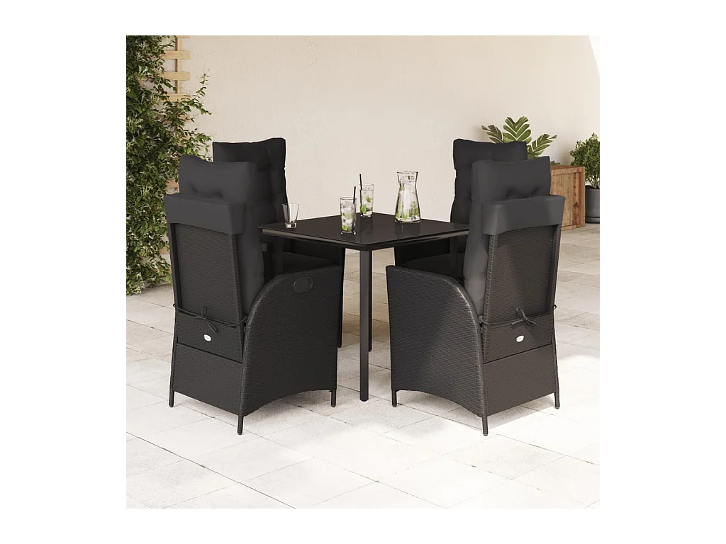 Set da Pranzo da Giardino 5 pz Nero con Cuscini in Polyrattan