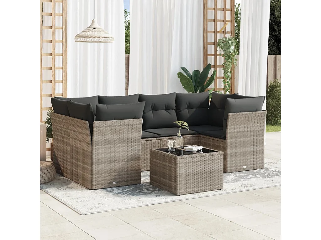 Salon de jardin avec coussins 7 pcs gris clair résine tressée