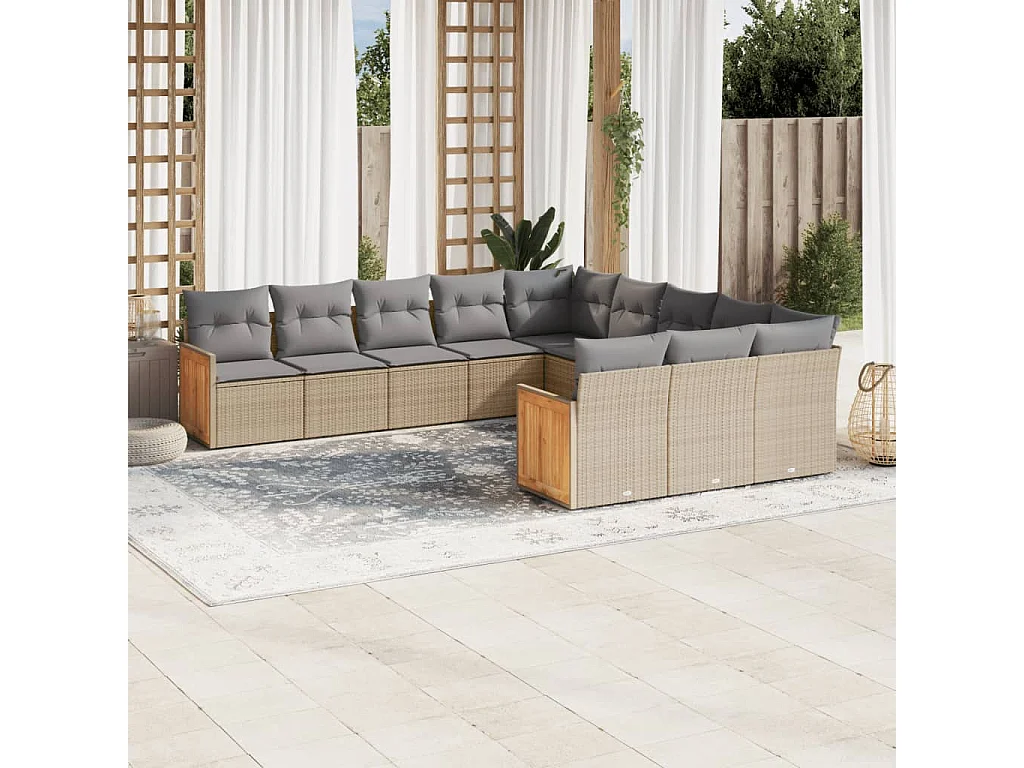 11-tlg. Garten-Sofagarnitur mit Kissen Beige Poly Rattan