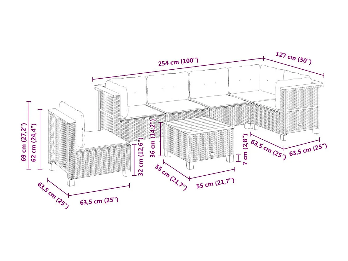 Salon de jardin avec coussins 7 pcs gris résine tressée