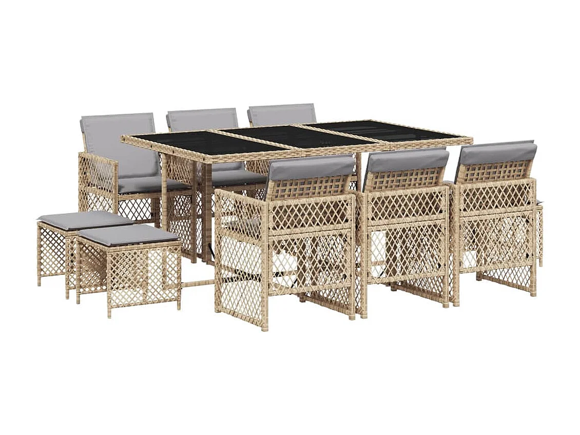Ensemble à manger de jardin et coussins 11 pcs beige poly rotin