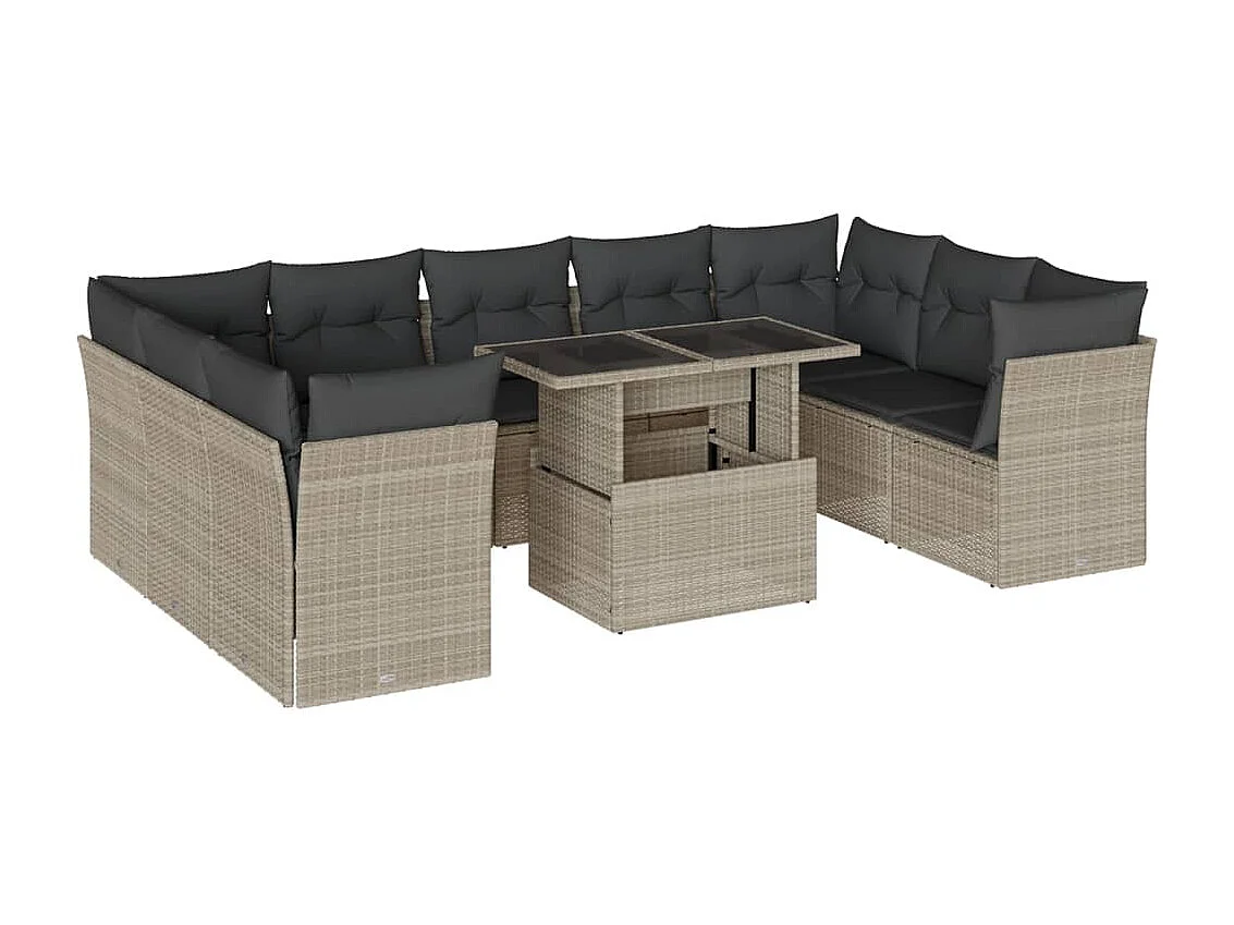 Set Divano Giardino 10 pz con Cuscini Grigio Chiaro Polyrattan
