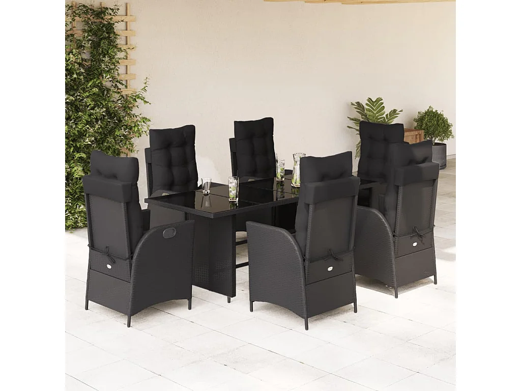 Set da Pranzo da Giardino 7 pz Nero con Cuscini in Polyrattan