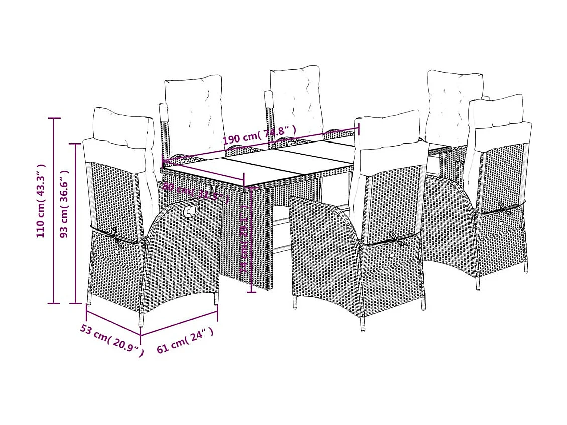 Set da Pranzo da Giardino 7 pz Nero con Cuscini in Polyrattan