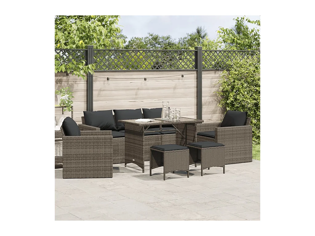 Salon de jardin 6 pcs avec coussins gris résine tressée