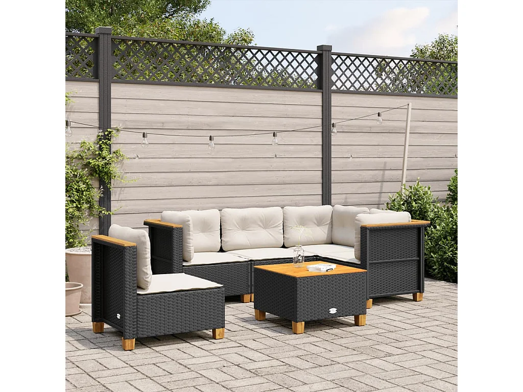 6-delige Loungeset met kussens poly rattan zwart