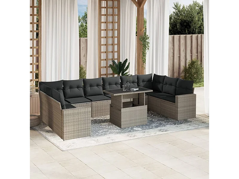 Salon de jardin 11 pcs avec coussins gris clair résine tressée