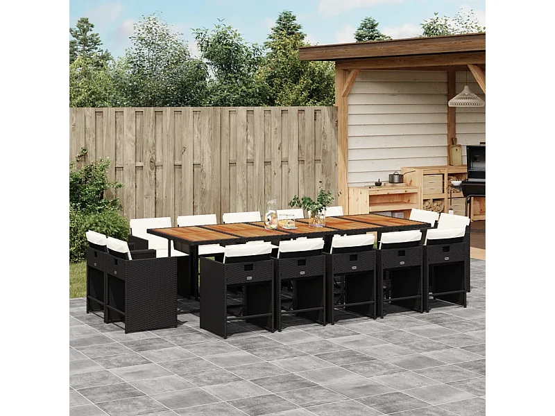 Set comedor de jardín con cojines 15 pzas ratán sintético negro