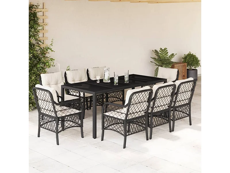 Set da Pranzo da Giardino 9 pz con Cuscini Nero in Polyrattan