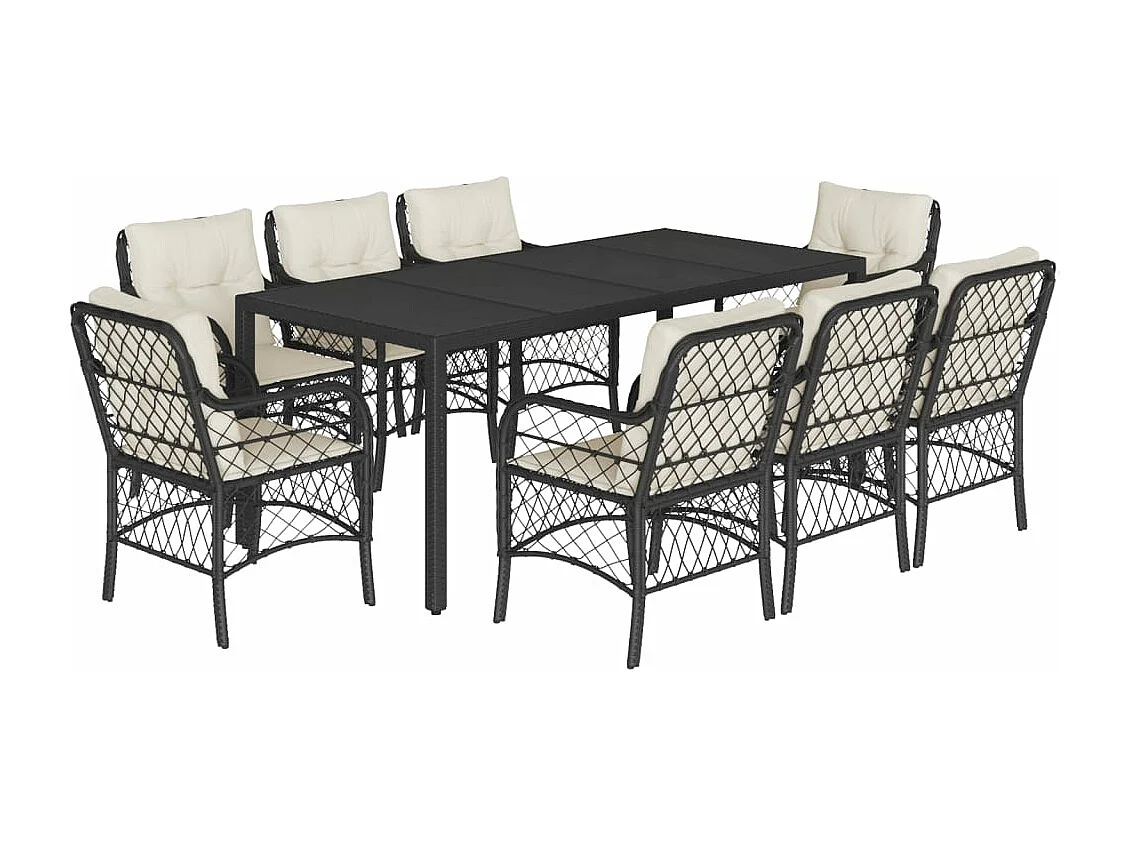 Set de comedor de jardín 9 pzas y cojines ratán sintético negro