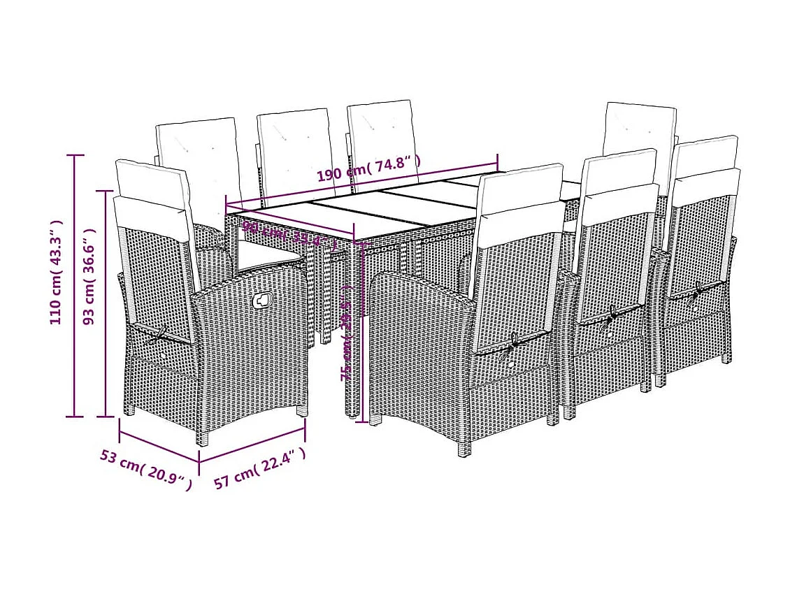 Set de comedor de jardín 9 pzas y cojines ratán sintético negro