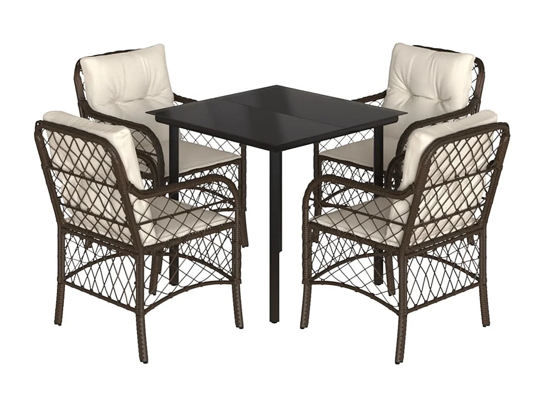 Ensemble à manger de jardin 5 pcs et coussins marron poly rotin