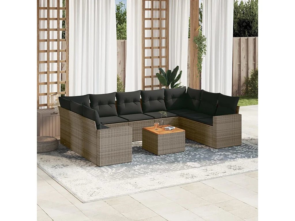 Salon de jardin avec coussins 10 pcs gris résine tressée