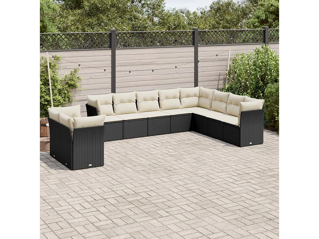 Salon de jardin 10 pcs avec coussins noir résine tressée