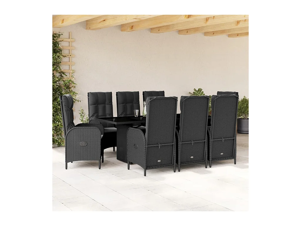 Ensemble à manger de jardin 9pcs coussins noir résine tressée