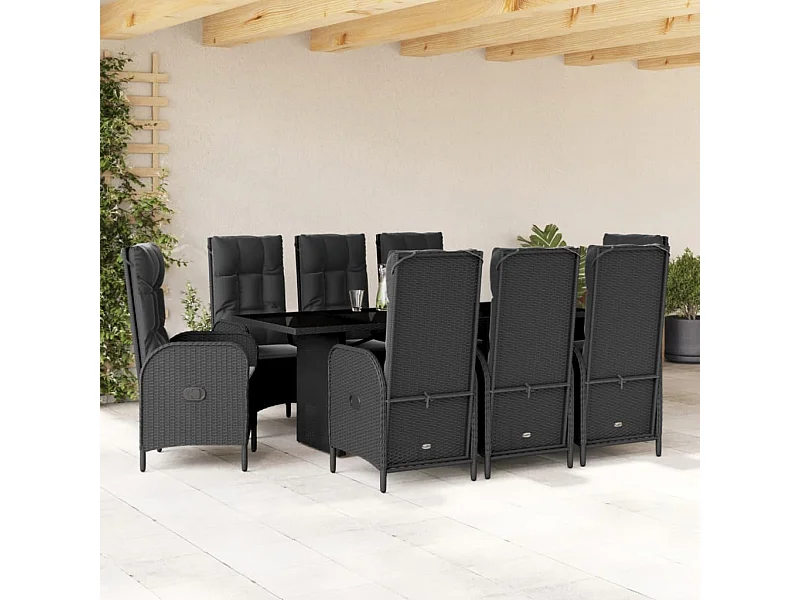 Set da Pranzo da Giardino 9 pz con Cuscini Nero in Polyrattan