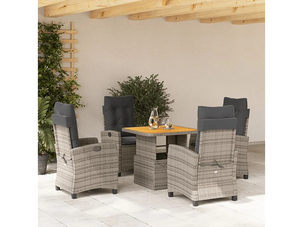 Set comedor de jardín 5 piezas con cojines ratán sintético gris