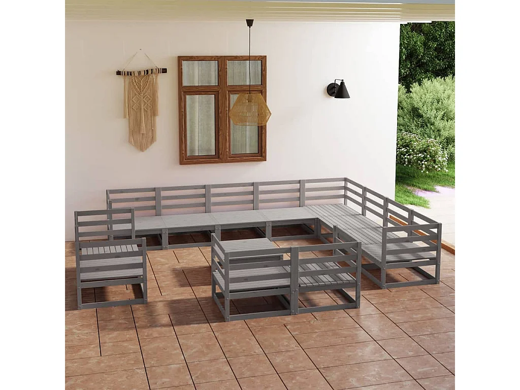Set Divani da Giardino 13 pz Grigio in Legno Massello di Pino