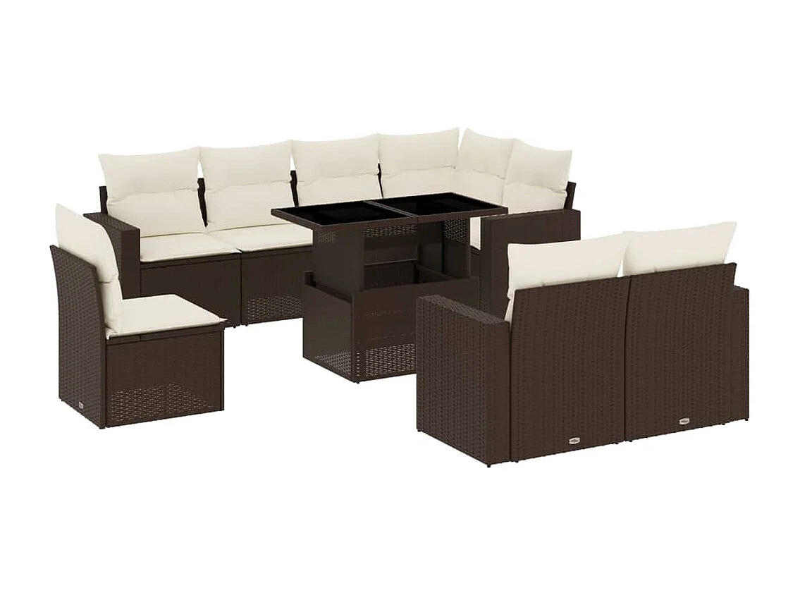 Salon de jardin avec coussins 9 pcs marron résine tressée