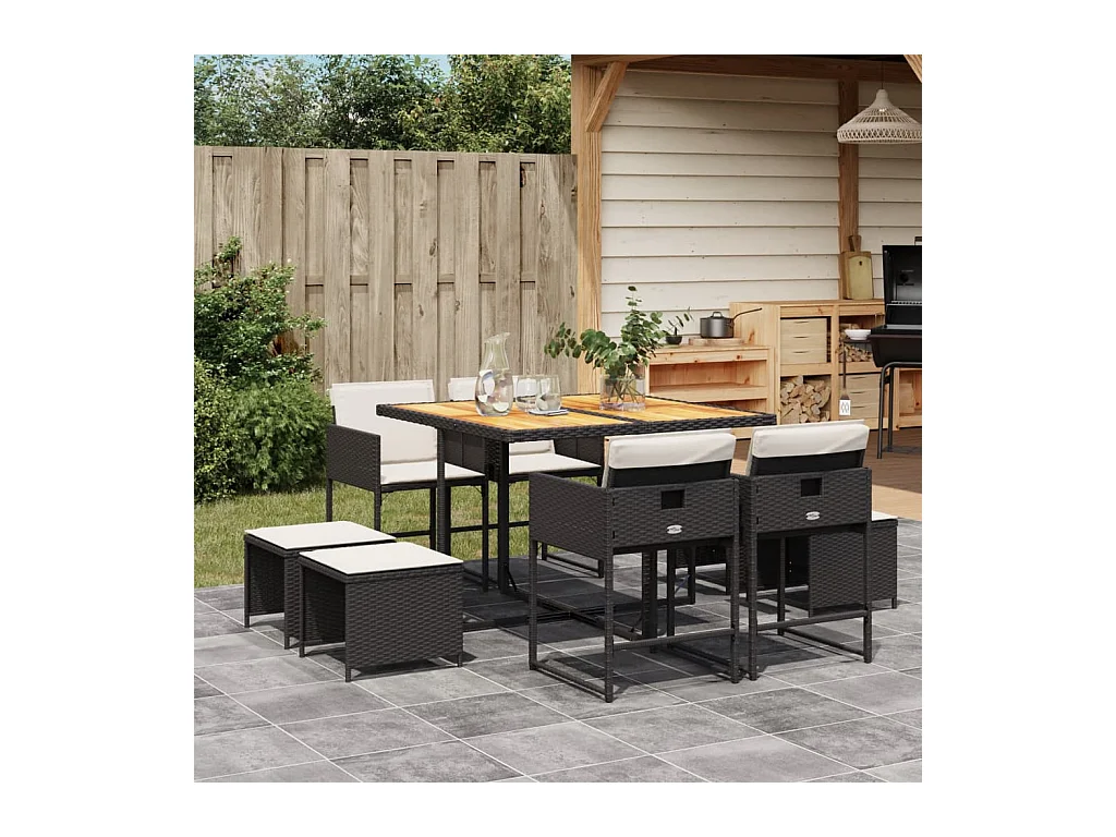 Set da Pranzo da Giardino 9 pz con Cuscini Nero in Polyrattan