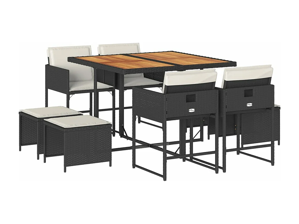 Set da Pranzo da Giardino 9 pz con Cuscini Nero in Polyrattan