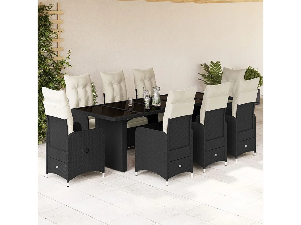 Set Bistrò da Giardino 9 pz con Cuscini in Polyrattan Nero