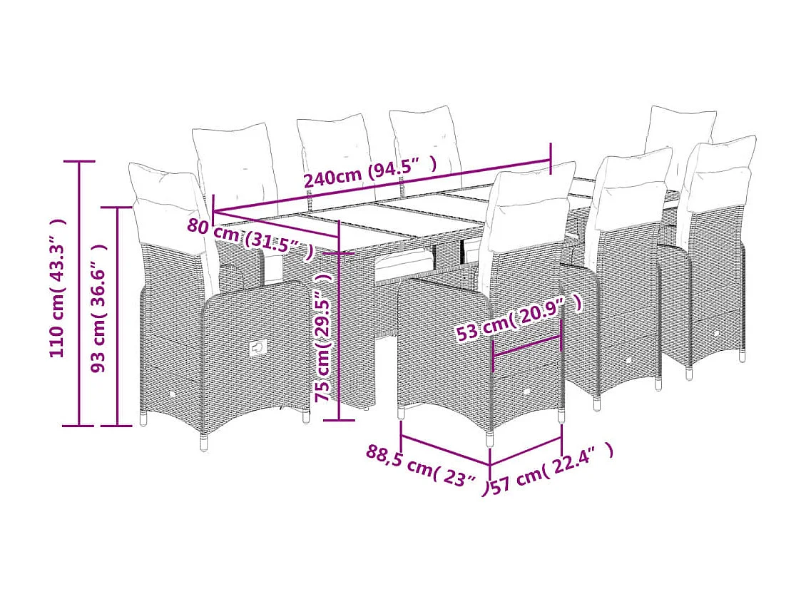 Set Bistrò da Giardino 9 pz con Cuscini in Polyrattan Nero