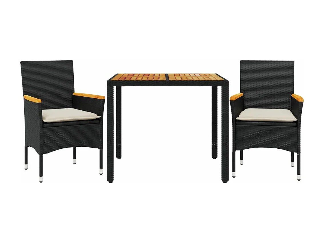 Ensemble à manger de jardin et coussins 3 pcs noir rotin acacia
