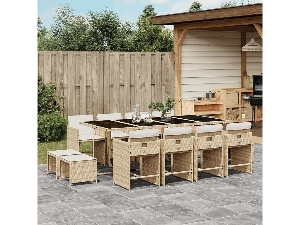 13 pcs conjunto de jantar p/ jardim com almofadões vime PE bege