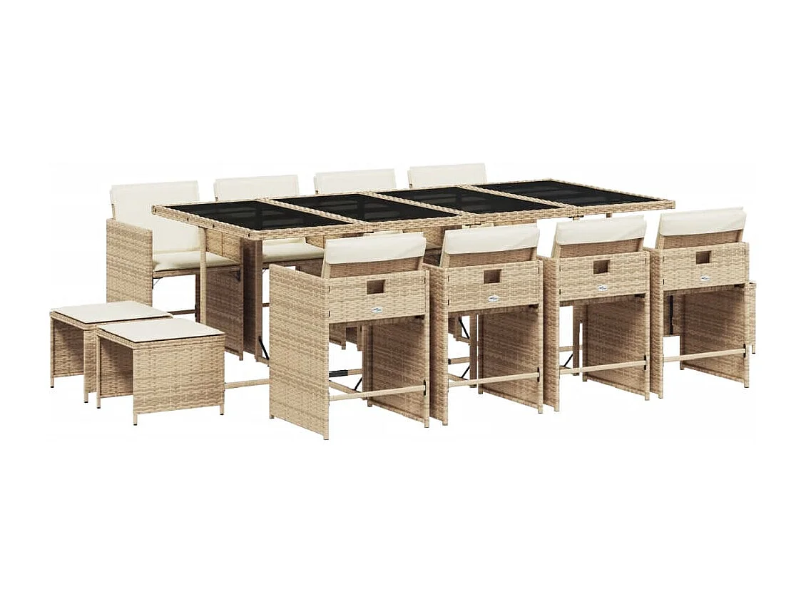 13 pcs conjunto de jantar p/ jardim com almofadões vime PE bege