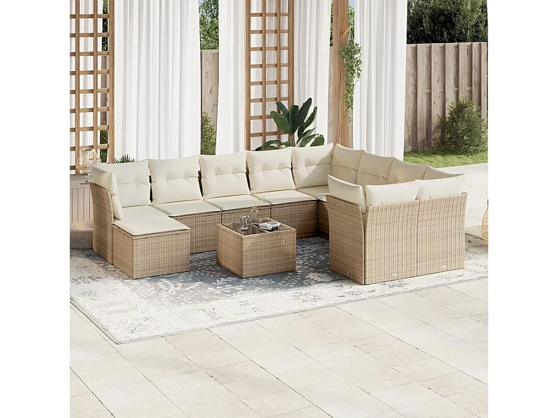 Salon de jardin 11 pcs avec coussins beige résine tressée