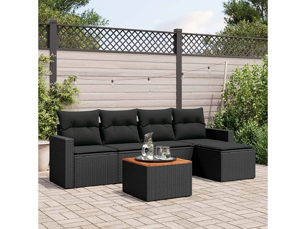 Set Divano da Giardino 6 pz con Cuscini Nero in Polyrattan