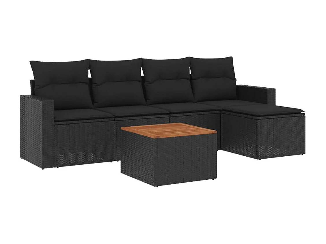 Set Divano da Giardino 6 pz con Cuscini Nero in Polyrattan