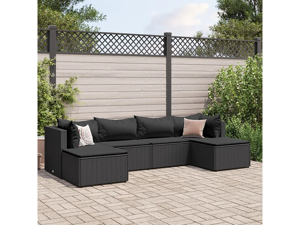 6 pcs conjunto lounge de jardim c/ almofadões vime PE preto