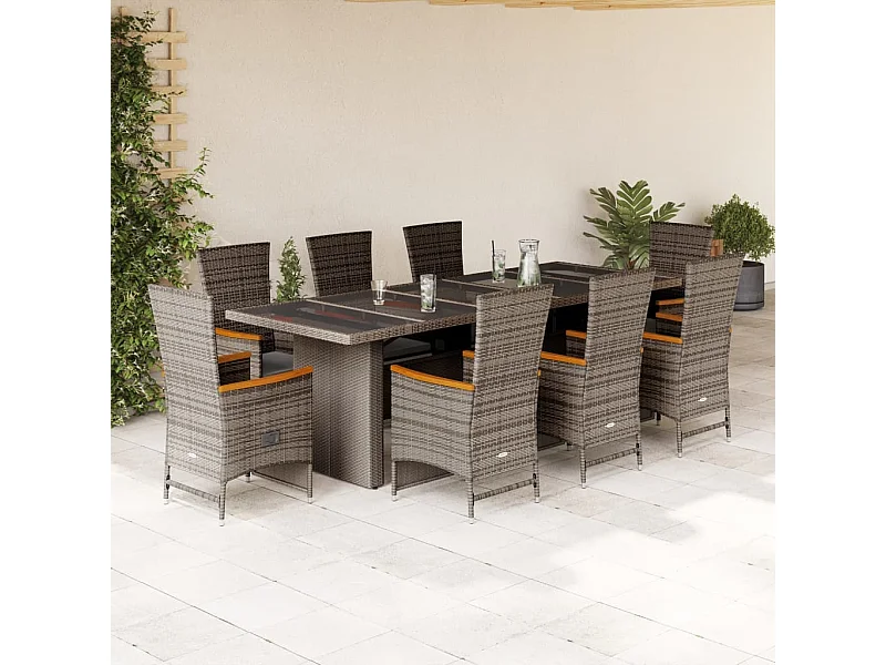 Set da Pranzo da Giardino 9 pz con Cuscini in Polyrattan Grigio