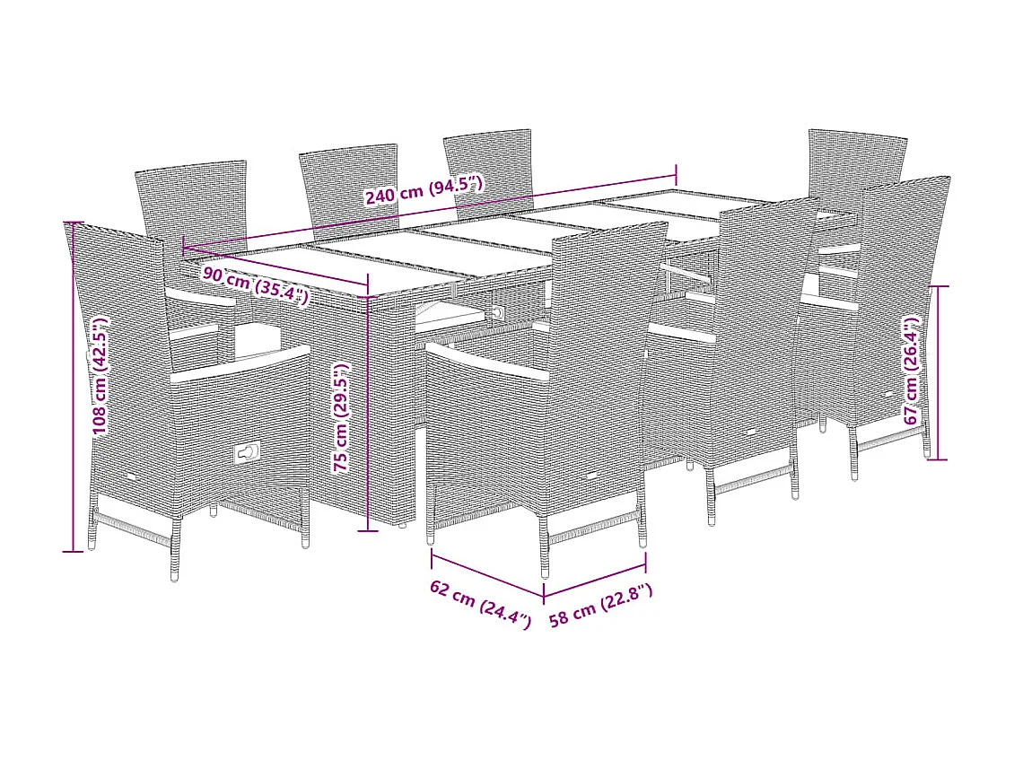 Set comedor jardín 9 pzas y cojines ratán sintético gris