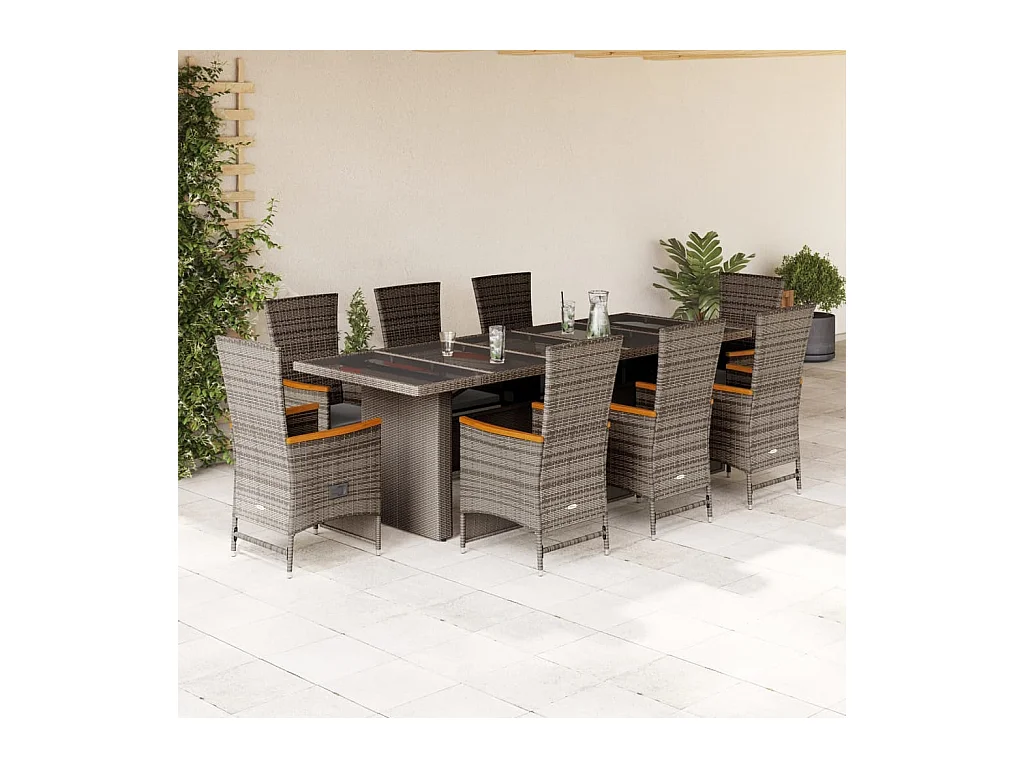 9 pcs conjunto de jantar p/ jardim c/ almofadões vime PE cinza