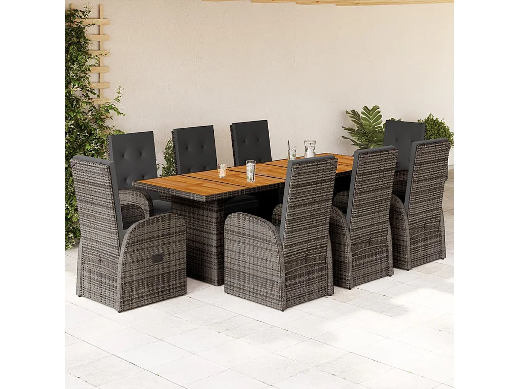 Ensemble à manger de jardin 9 pcs coussins gris résine tressée