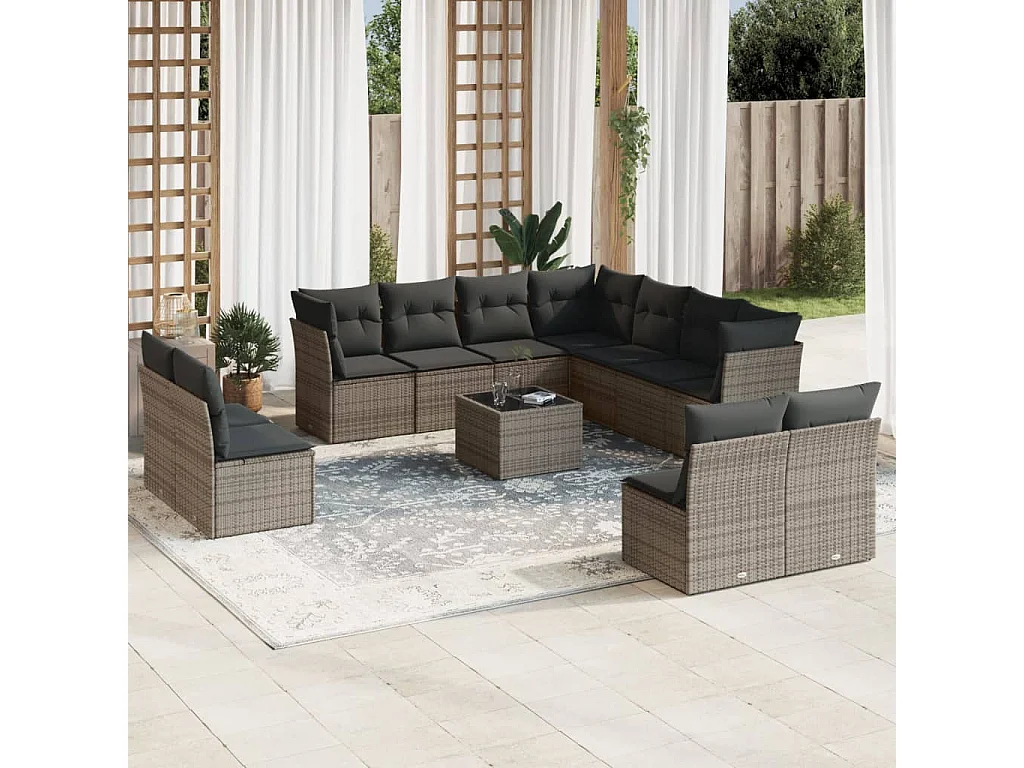 12 pcs conjunto de sofás jardim c/ almofadões vime PE cinzento