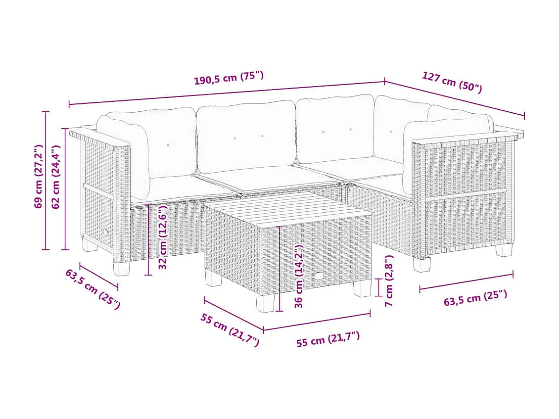 Set Divano da Giardino 5 pz con Cuscini Grigio in Polyrattan