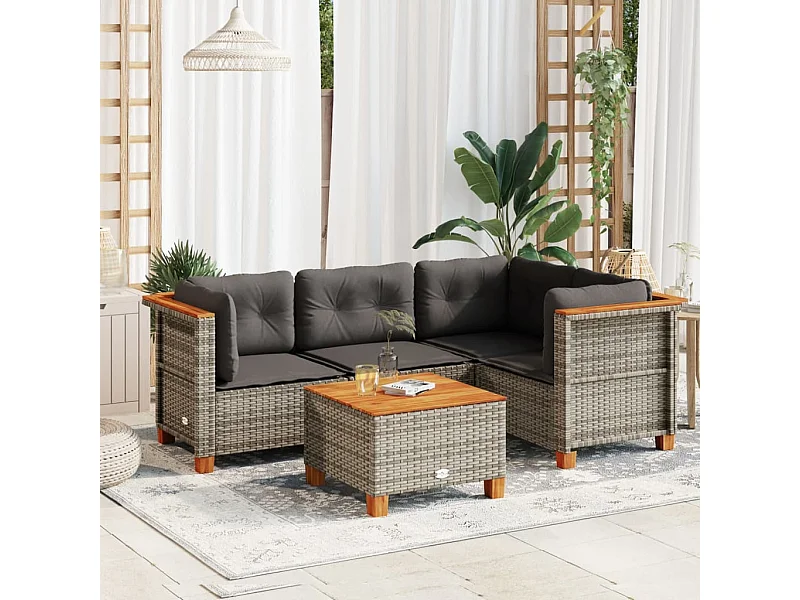 Salon de jardin 5 pcs avec coussins gris résine tressée