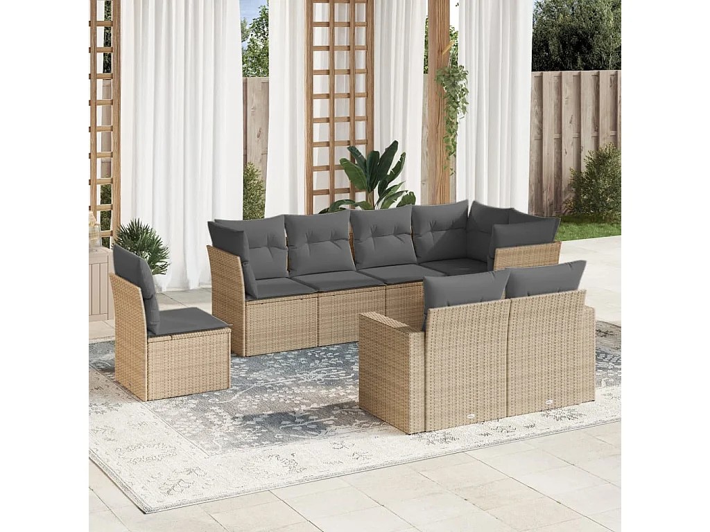 Salon de jardin avec coussins 8 pcs beige résine tressée
