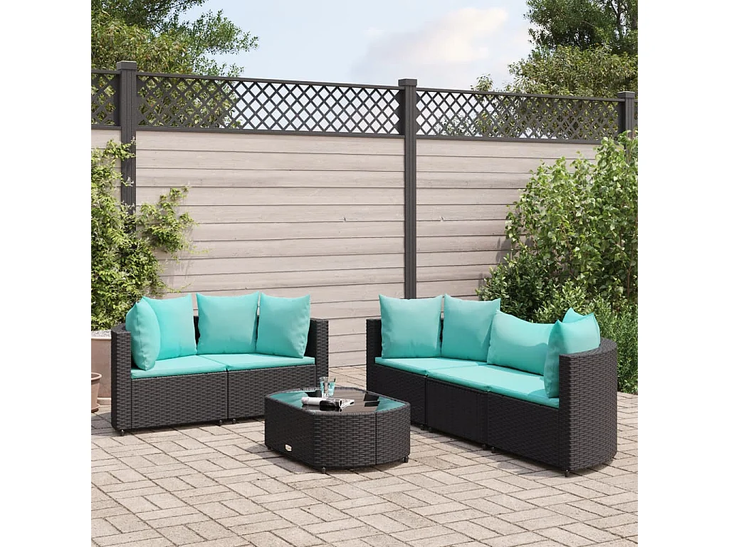 Set Divano da Giardino 6 pz con Cuscini Nero in Polyrattan